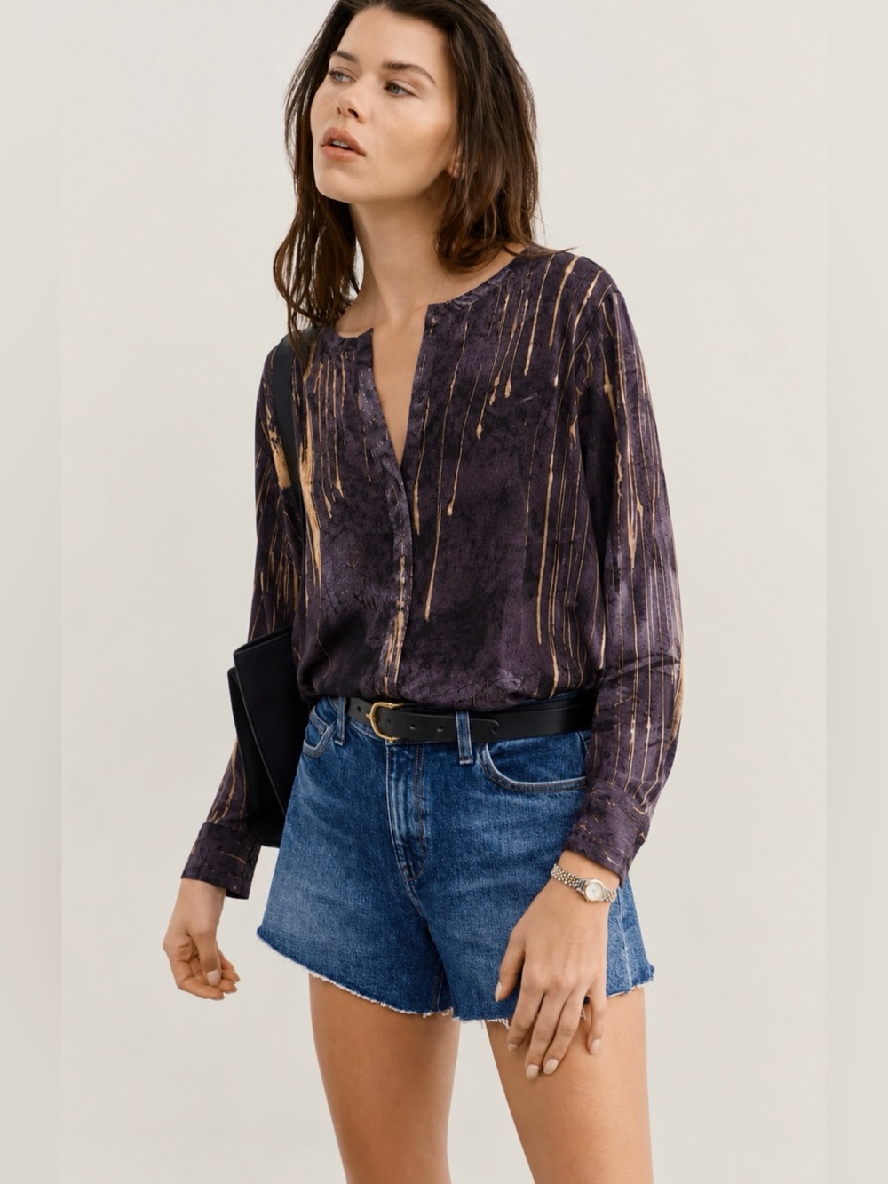 NWOT Go Silk Go Peasant Lightweight Breezy Blouse Deep Blue/Gold Print |  Small